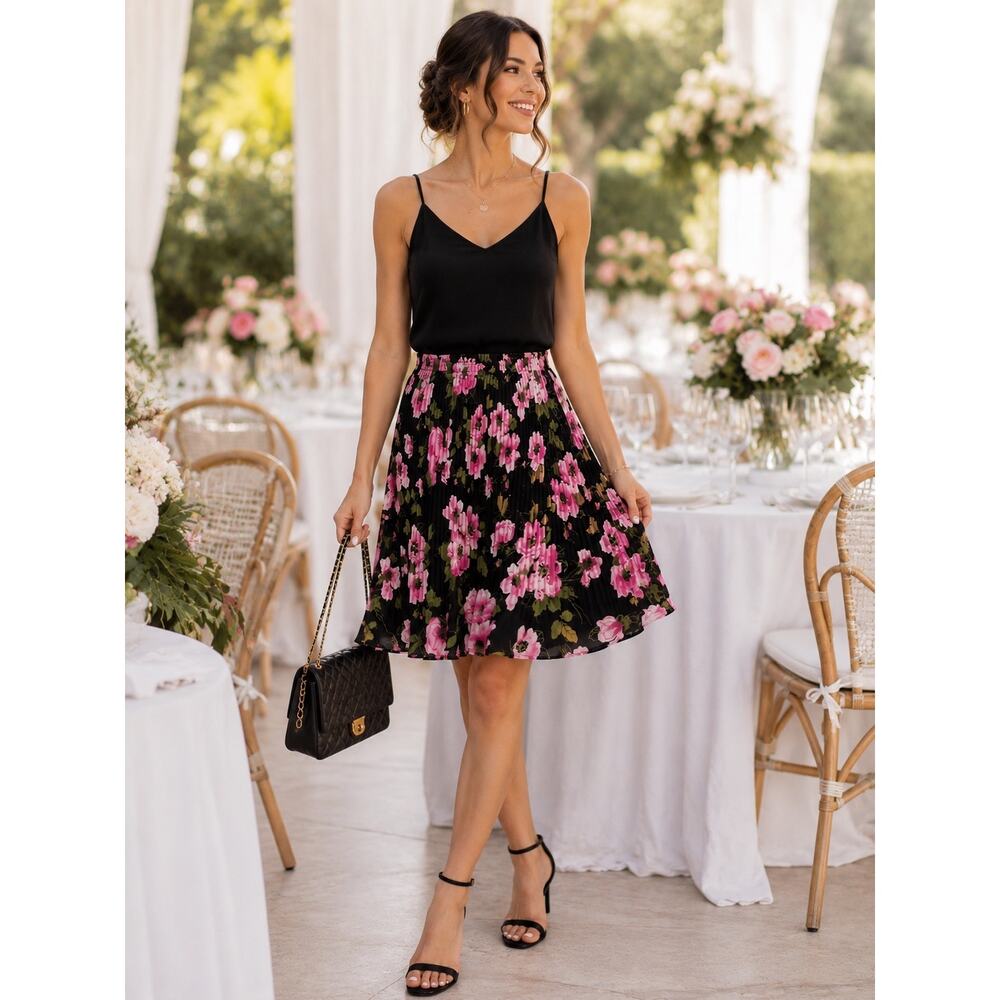Sunny Leigh Women’s Pleated Floral Skirt Black Pink Large Feminine Garden Party